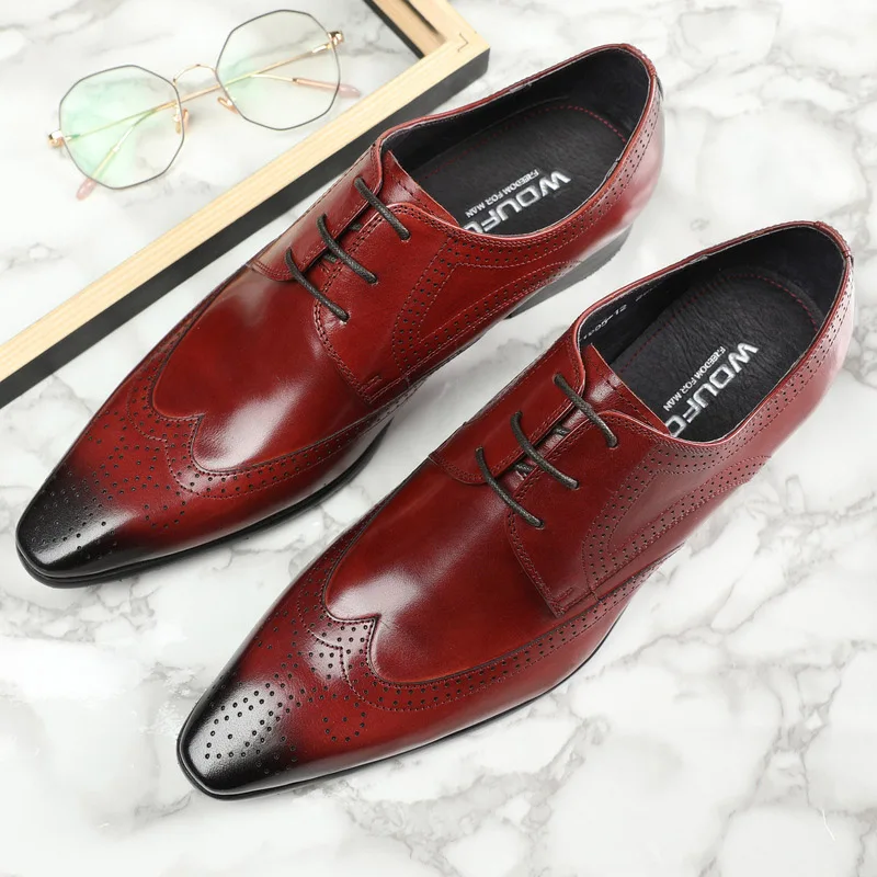 

Mens Genuine Leather Dress Shoes Boss Business Office Shoes Elegant Gentleman Brogue Carved Formal Tuxedo Shoes For Suit G148