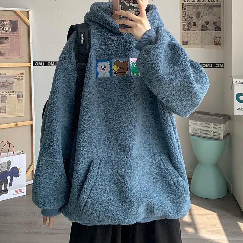 

Spring and Autumn lamb fleece hooded hoodie men's INS popular logo loose lovers' jacket in Hong Kong style and Korean style stu