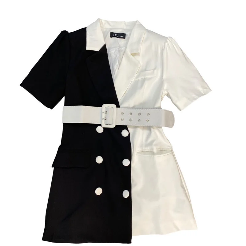 

2021 New Spring Summer Fashion Lapel Short Sleeve Black And White Contrast Belt Waist Temperament Women's Suit Jacket Z958
