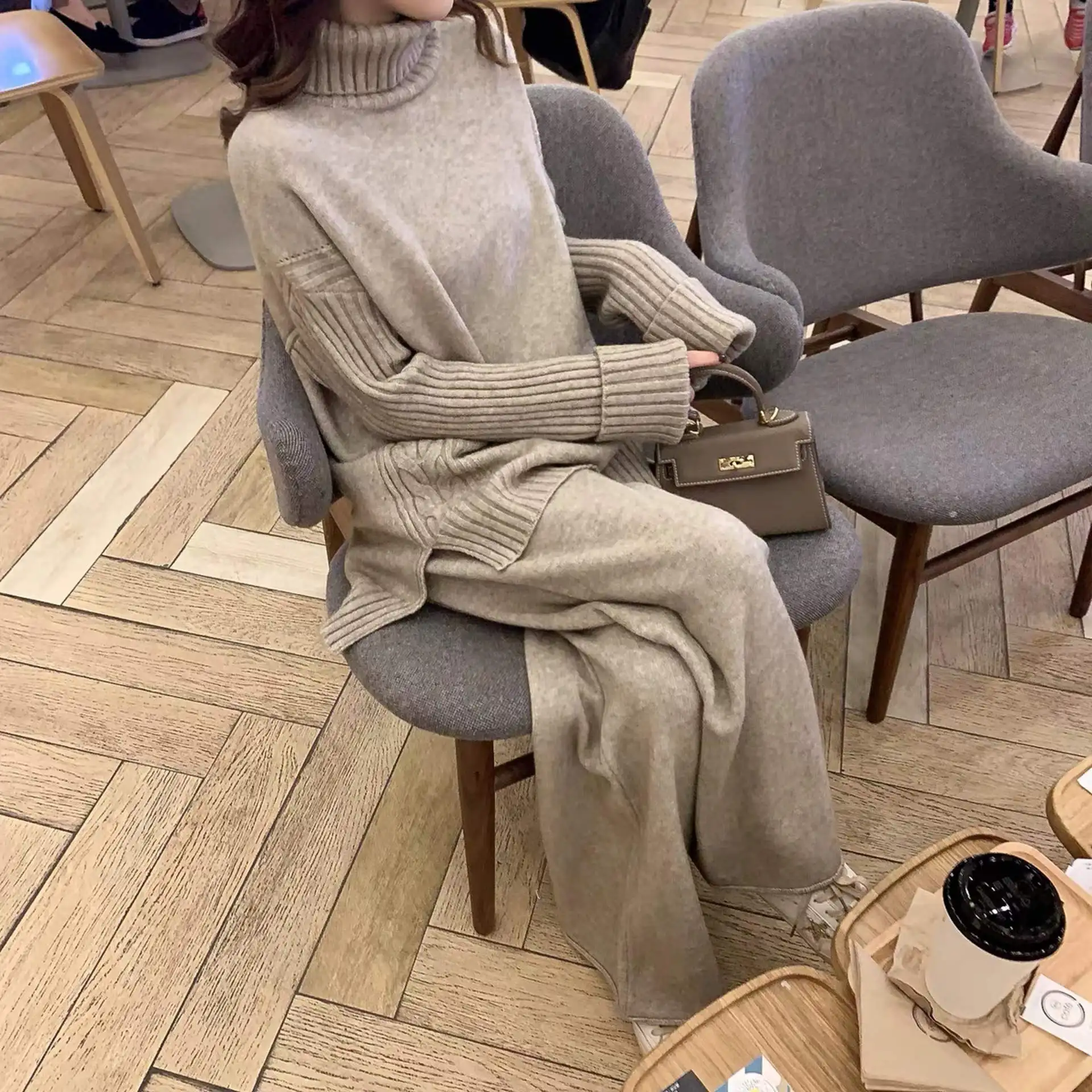 

Sweater Set Women Tracksuit Spring Autumn Knitted Suits 2 Piece Set Warm Turtleneck Sweater Pullovers Wide Legs Pants New 2021