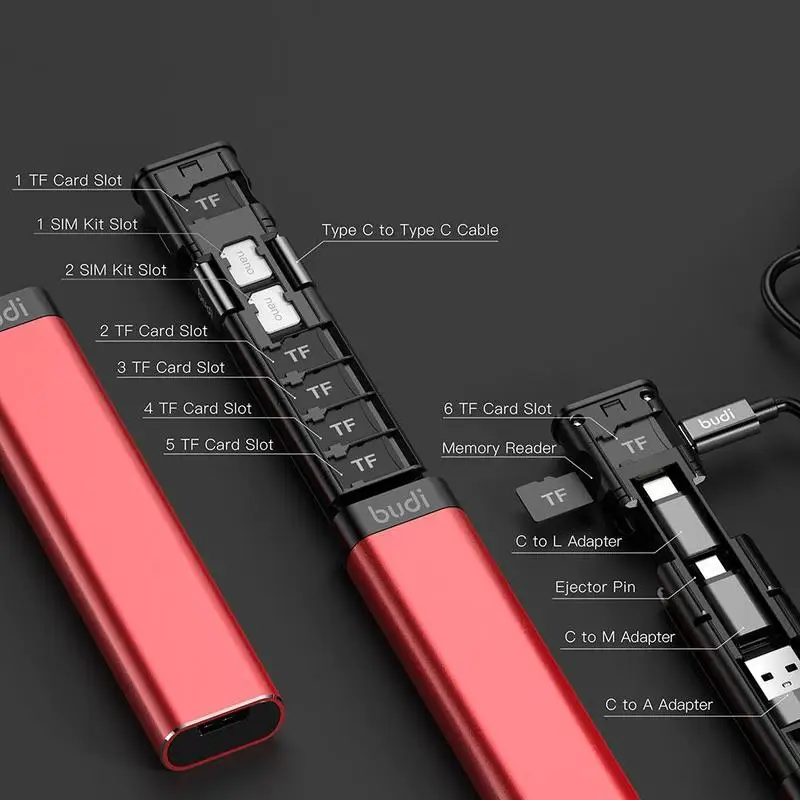 Budi 9 in 1 Multi-functional Data Cable Storage Stick Conversion Head Portable USB Box 65W Charger For Huawei Xiaomi Apple