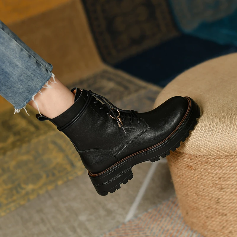 Harga Sepatu Bot Pergelangan Kaki Wanita Mode Retro Baru Musim Gugur Musim Dingin 2021 Sepatu Hak Tebal Ujung Bundar Kulit Asli Bertali Sepatu Kerja Kasual Wanita