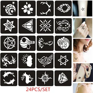 Трафареты с хной, 24 шт.компл., трафареты с Луной, розой, тотемным дизайном, блестящие татуировочные трафареты, многоразовые трафареты для рисования