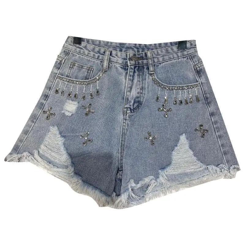 

2021 Summer New Fashionable Flower Rhinestone Beaded Raw Edge Distressed Three-Point Denim Shorts Women's Fashion Jeans