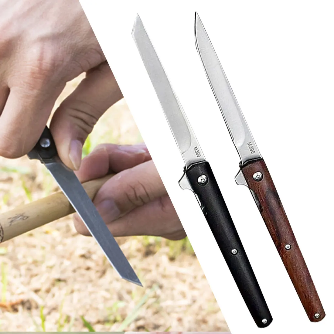 Cuchillo de supervivencia multifunción para acampada al aire libre, cuchillo de bolsillo portátil con mango de madera y funda táctica, rescate afilado, M390