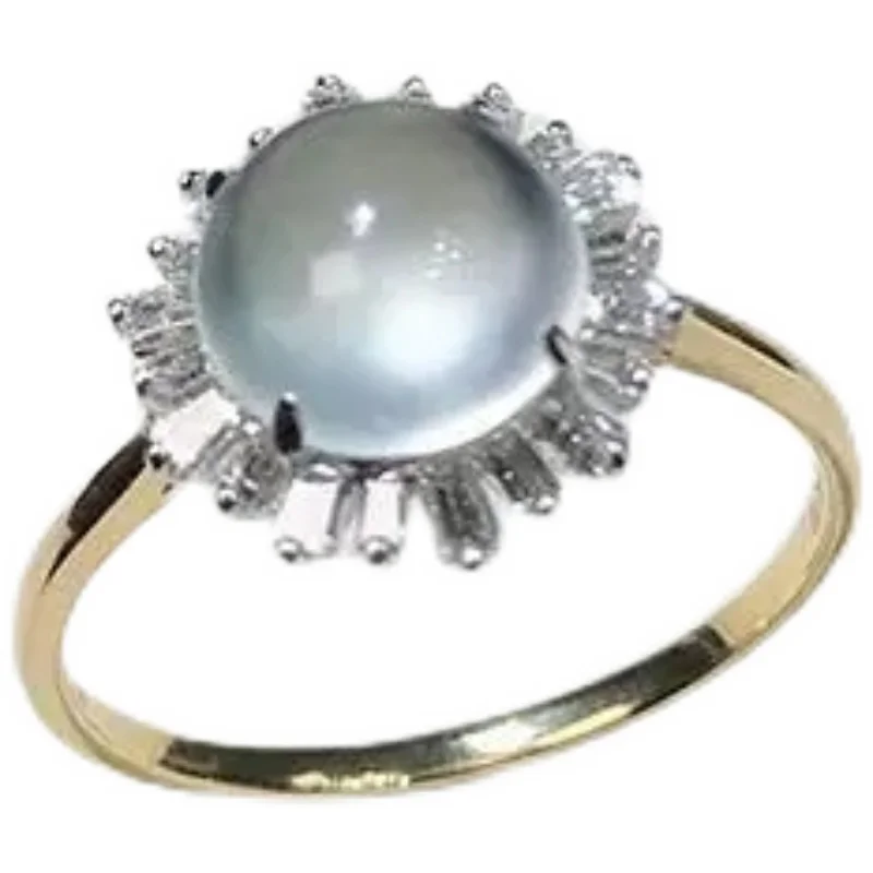 

White Ice Glass Type Chalcedony Egg Noodle Ring S925 Sterling Silver Ring Shank Inlaid with Diamond Simple Grandeur Design Compa