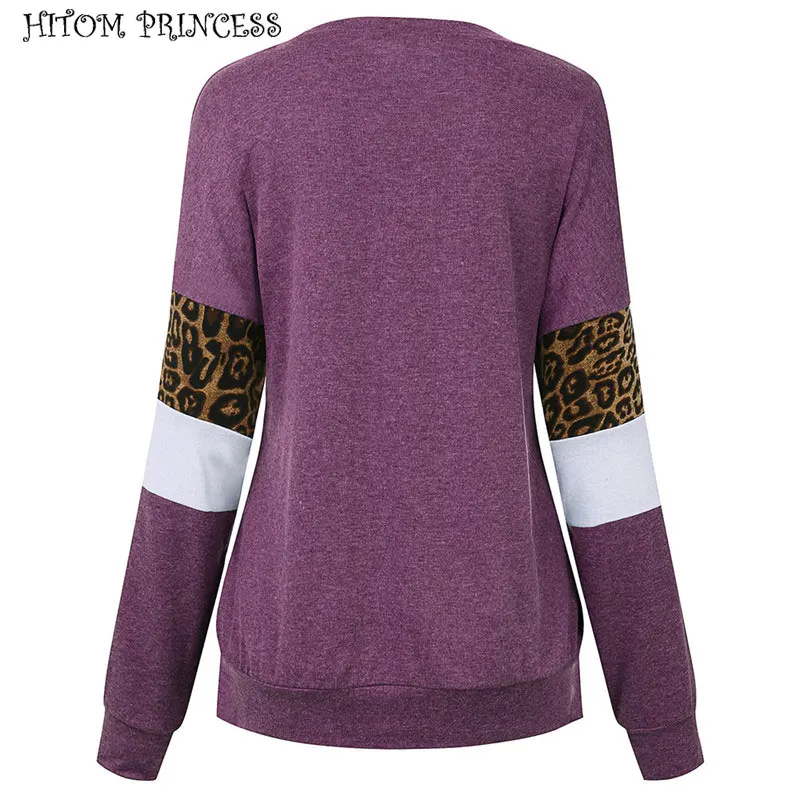 

HITOM PRINCESS Autumn Leopard T-shirt Women Letter Print Long Sleeve Patchwork Basic T Shirt Casual Top Tees Winter Plus Size
