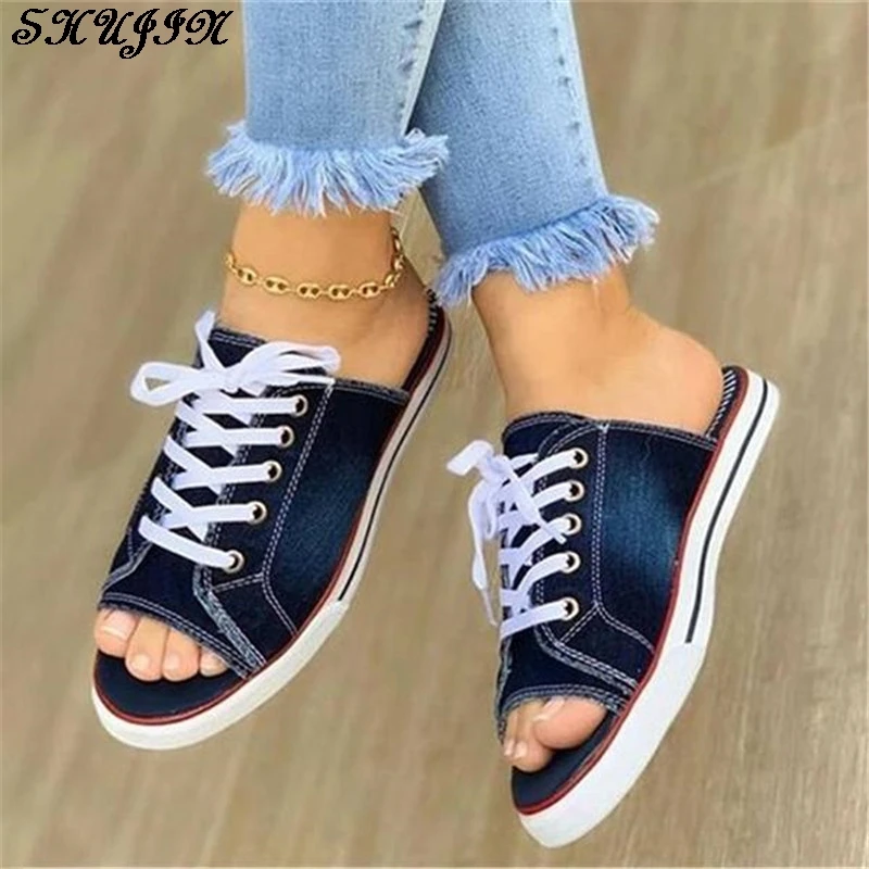 Женские сандалии-шлепанцы Коллекция 2020 года джинсовые тапочки на плоской