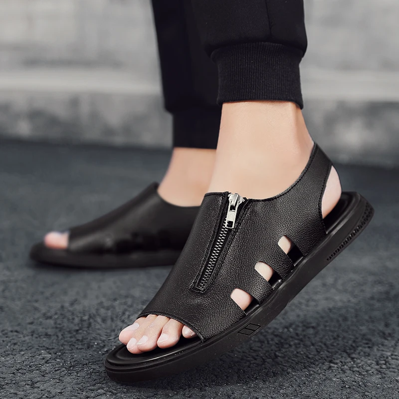 Летние пляжные сандалии в римском стиле Мужские кожаные на молнии с нескользящей