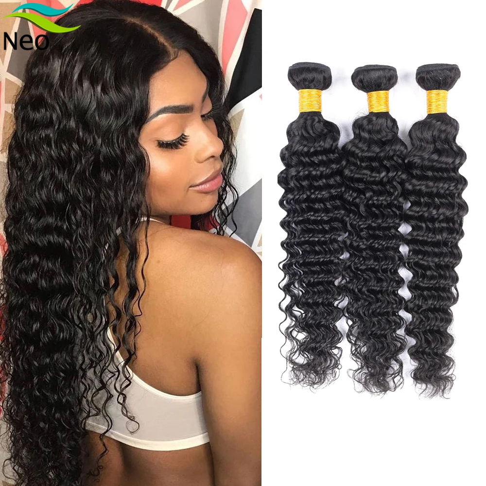 

Brazilian Deep Wave Bundles with Closure 1/3/4 Bundles No Lace Human Hair Wig Natural Black with Free Shipping