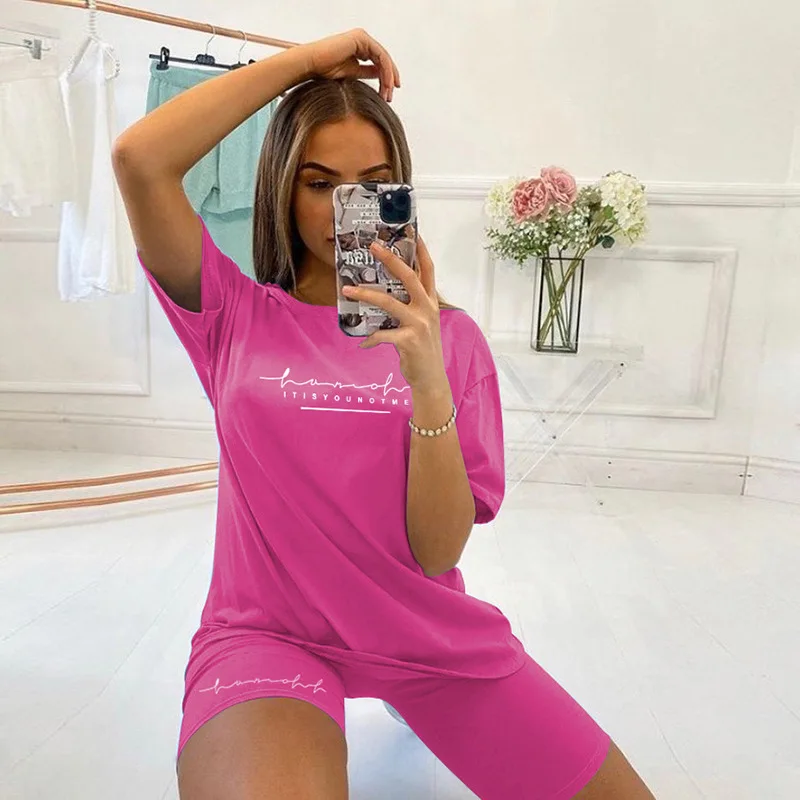 

Women Casual Sport 2 Piece Outfit, Loose Short Sleeve Letter Print T-Shirts + Bodycon Shorts Tracksuits Sets
