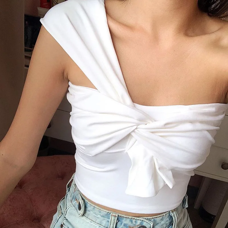 

One Shoulder Crop Top Front Bandage Backless White Black Slim Tank Top Women Solid Summer Vest Ruched Irregular Criss CrossH3d2c