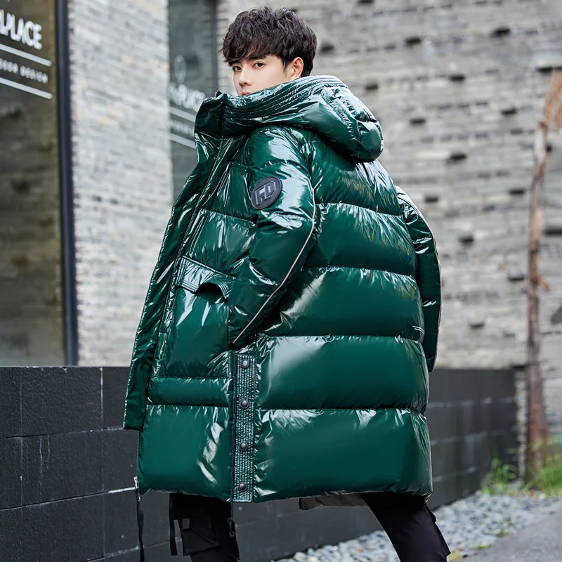 Green Glossy Down Jacket Loose Mens Long Handsome Trendy Thickened Coat Man 2021New White Duck Down Overcoat Hooded Men Clothing