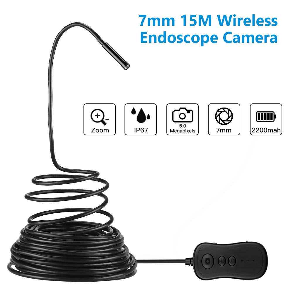 1080P 7 мм 15 м беспроводной эндоскоп камера 5.0MP WiFi бороскоп Инспекционная Змея IOS для