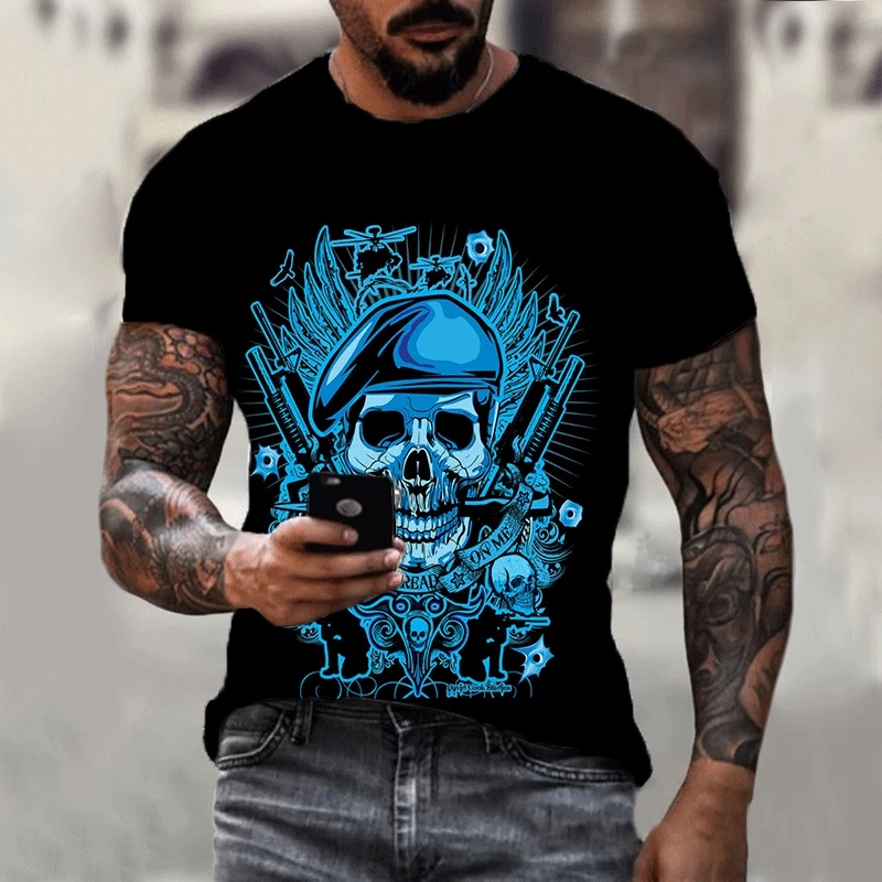 

2021 summer brand new 3D printed black skull Harajuku short-sleeved fashion casual jogging sports oversized T-shirt men's