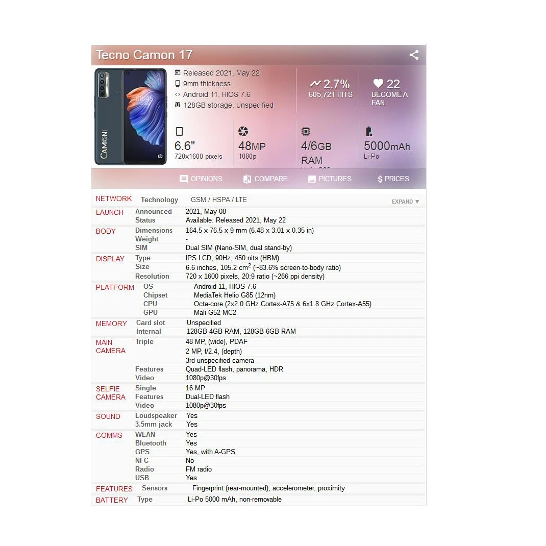 ЖК-дисплей для Tecno Camon 17 P CG7 |