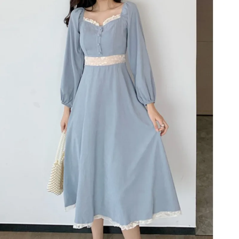 

Hepburn Design Tea Break Dress Women's Spring Autumn 2021 Bubble Long Sleeve Waist A-shaped Medium Length Skirt Rac