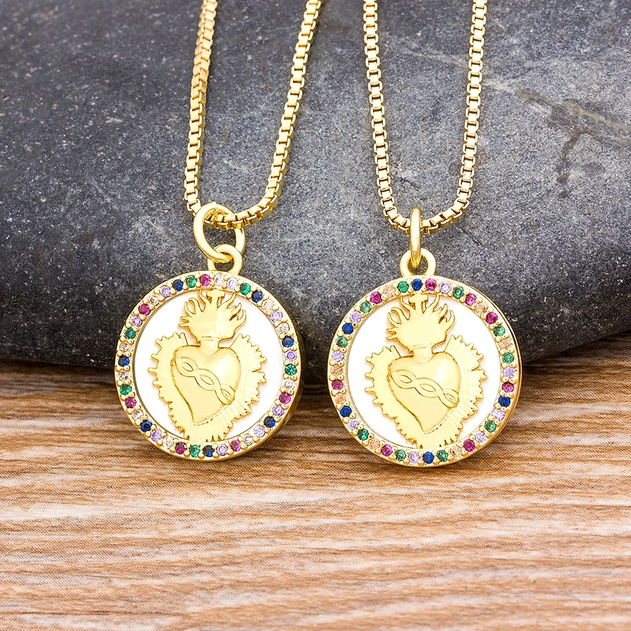 

Classic Sacred Heart of Jesus Copper Zircon Colorful Necklace Charm Party Wedding Anniversary Jewelry Gifts For Women Girl