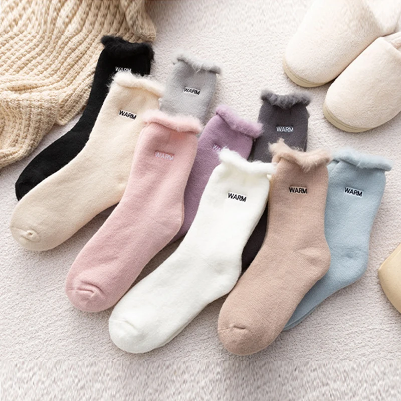 

Winter Middle Socks Women's Plush Tube Socks Brushed Thickening Velvet Snow Wool Hosiery MId-tube Floor Socks Fur Keep Warm Sock