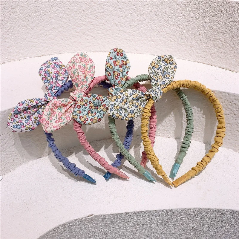 

Повязка на голову детская из ткани, с цветочным принтом, с заячьими ушками, аксессуар для волос в Корейском стиле, 2021