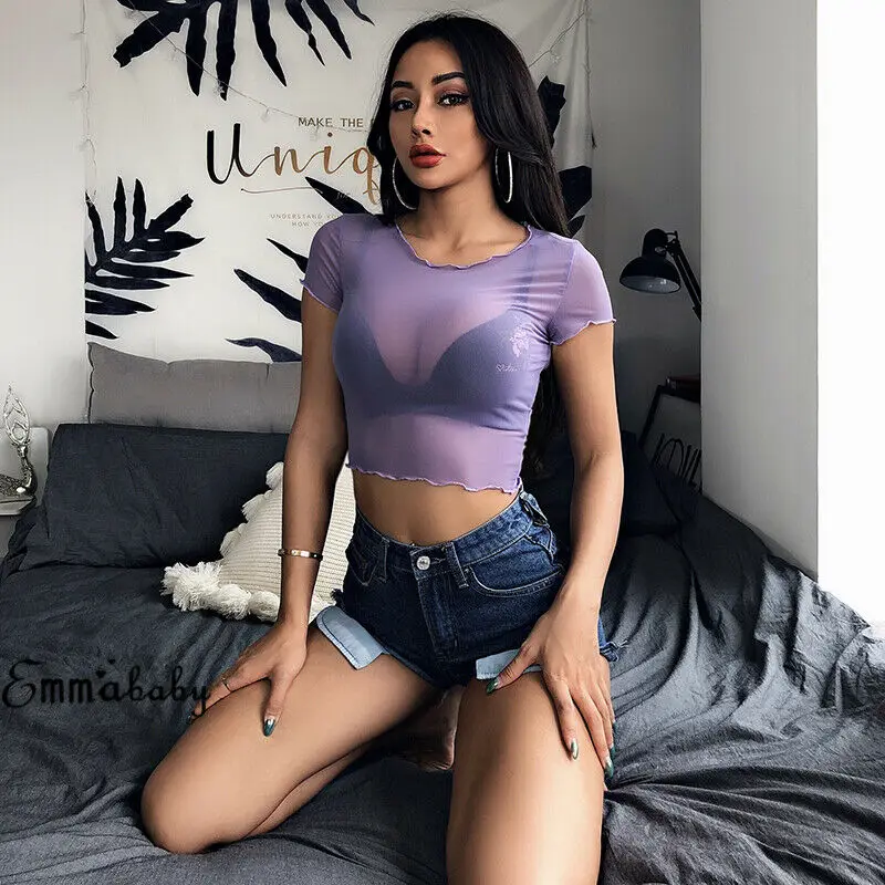 Женская облегающая футболка с короткими рукавами прозрачный укороченный топ из