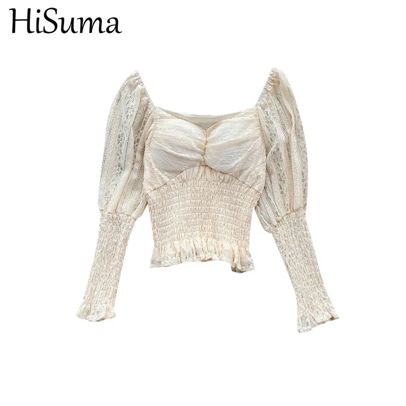 Женская блузка с оборками кружевная короткая эластичная расклешенными рукавами