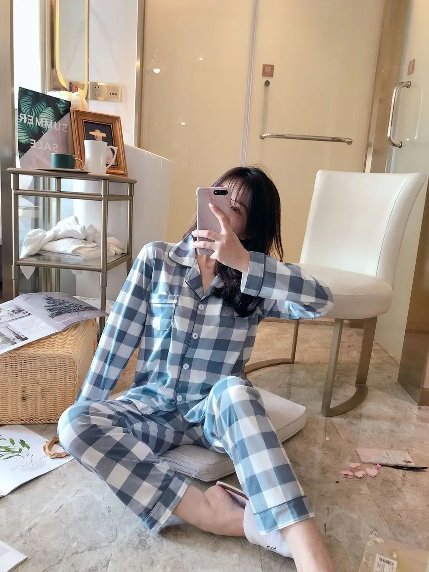 Пижамный комплект Женский хлопковый удобные штаны клетчатая пижама с длинным