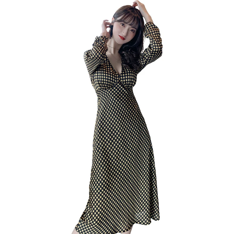 

Fall 2020 Women Clothing Classic Plaid Vintage Dress for Women Yellow Chiffon Dress Ladies Bodycon Retro Long Sleeve Wrap Dress