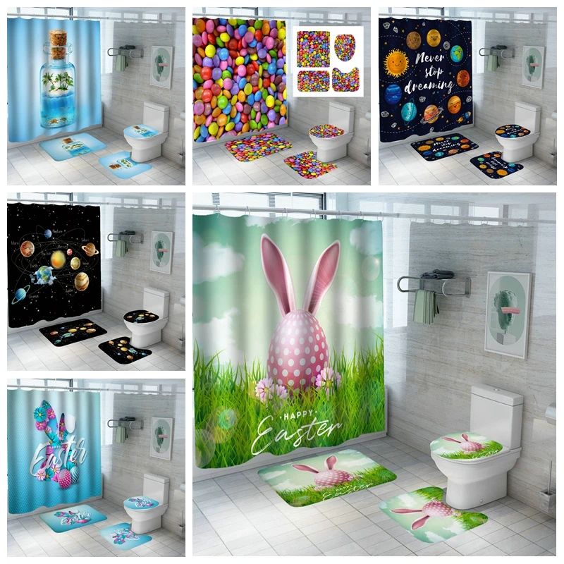 

Waterproof Shower Curtain With 12 Hooks Colorful Stripes Easter Eggs Bunny Bathroom Curtains Velvet Bath Antiskid Carpet Set