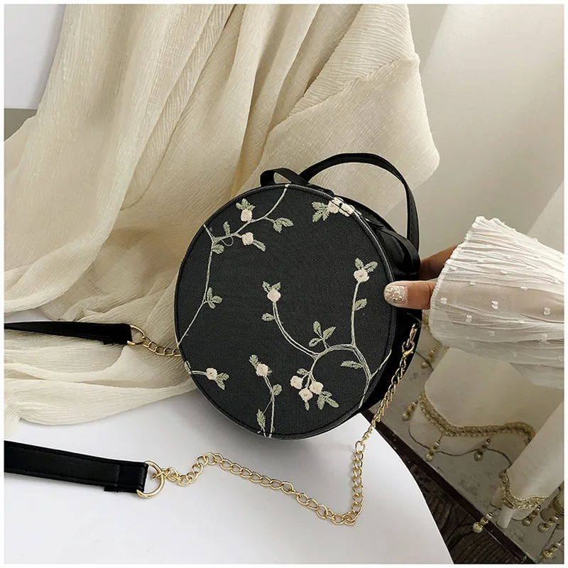 

Hot Sale Sweet Lace Round Handbags High Quality PU Leather Women Crossbody Bags for Women 2021 Small Fresh Flower Chain Shoulder