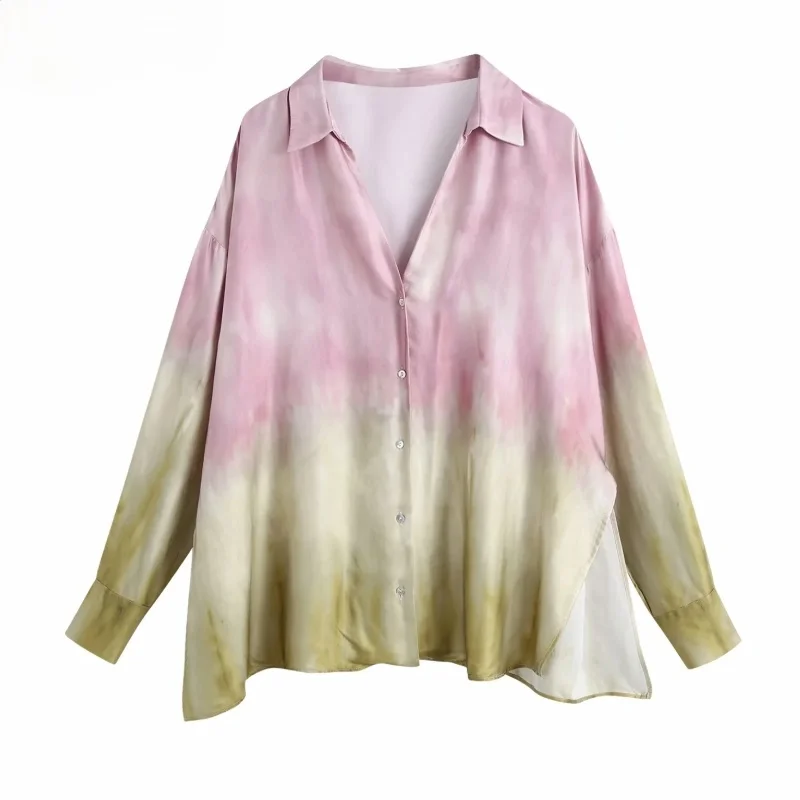 

Women Vintage Multi Color Tie Dyed Print Casual Loose Breasted Shirts Female Kimono Blouse Roupas Chic Smock Tops