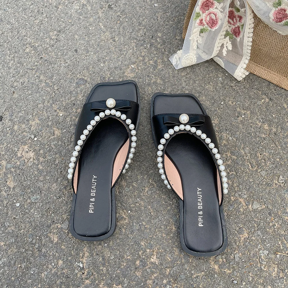 

Sweet Sandals Women Summer New Pearl Bow Knot Temperament Simple Beach Soft Girl Square Head Slippers