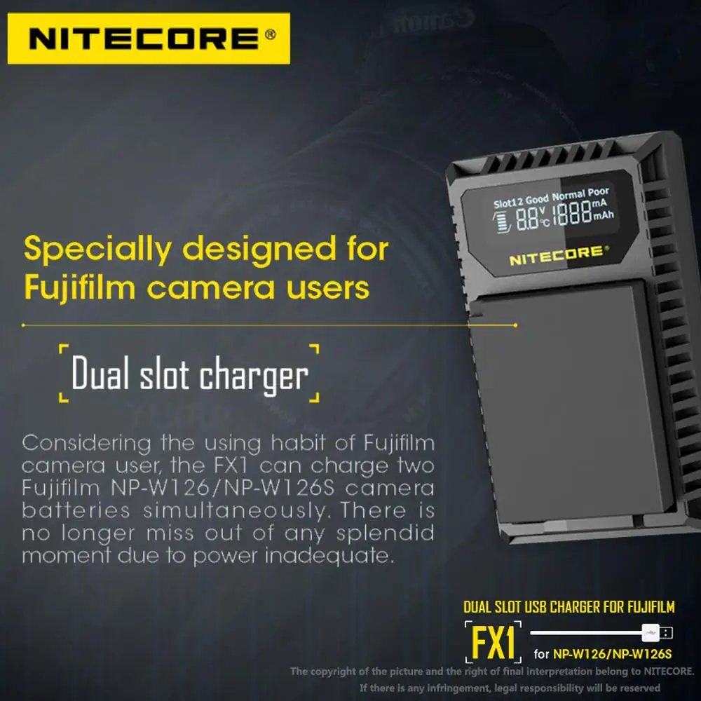 Зарядное устройство NITECORE FX1 с двумя слотами USB для Fujifilm камеры и аккумулятором