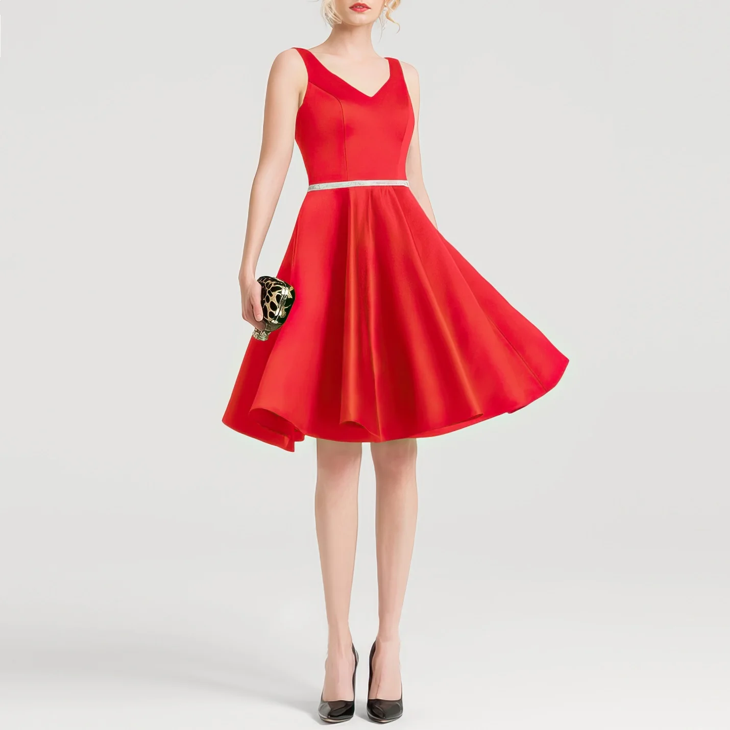 

Women's wedding party dress plus size V neck satin beading red short formal prom evening dress for New Year 2021 cocktail dress