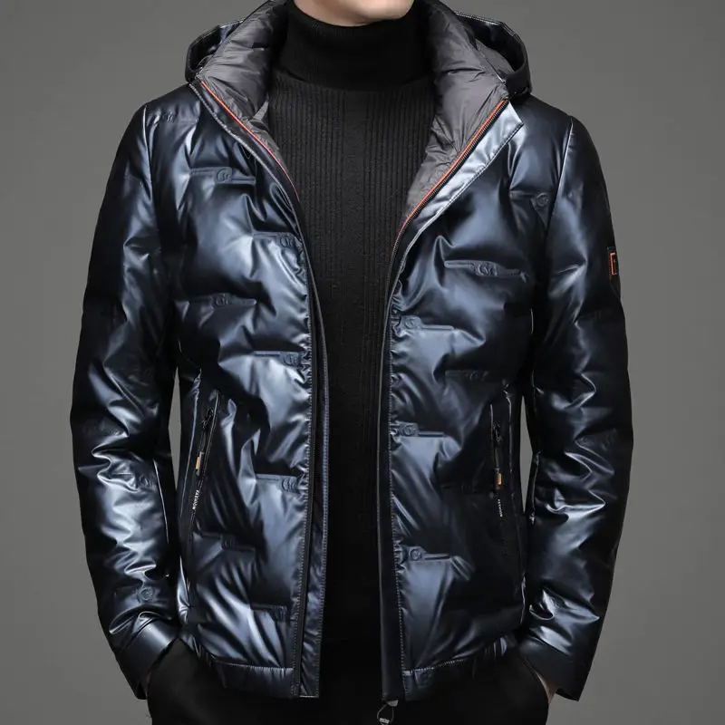 Зима 2021 Новый глянцевый пуховик мужской белый с капюшоном короткий съемный