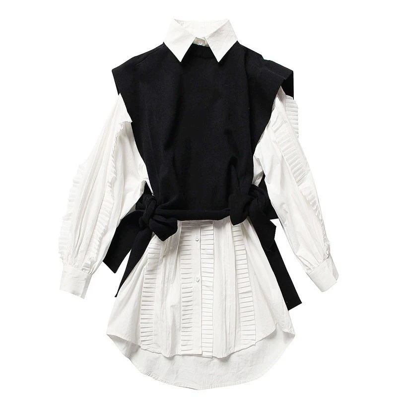 [EAM] Женская белая плиссированная Асимметричная блузка большого размера новая