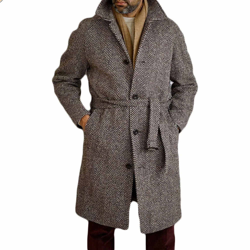 

Windbreaker Herringbone Men Suits With Belt Thick Custom Made Long Single Breasted Lapel Jacket Slim Fit Formal Overcoat 2021