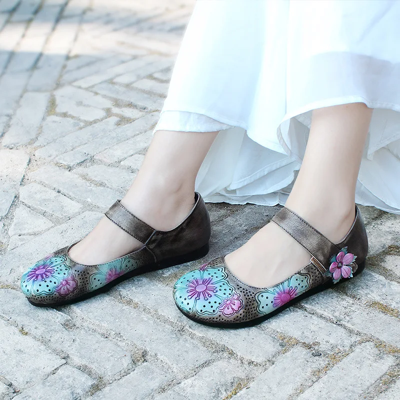 Johnature Flats Women Shoes Retro Hook &amp Loop Flower 2021 New Spring Genuine Leather Casual Round Toe Shallow Ladies | Обувь