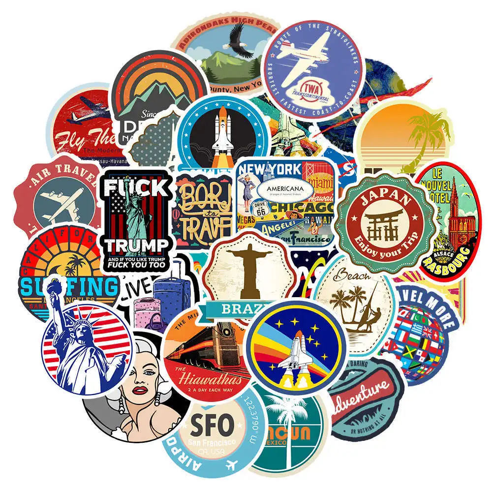 

10/30/50PCS New Retro Fashion Travel Travel Stickers Skateboard Notebook Car Trolley Suitcase Waterproof Stickers Wholesale
