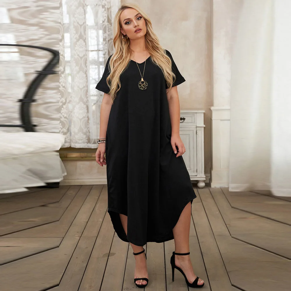 

Women Maxi Dress Summer Casual V-neck Solid Long Dress Fashion Pockets Short Sleeve Loose Female Vestidos Plus Size Dress
