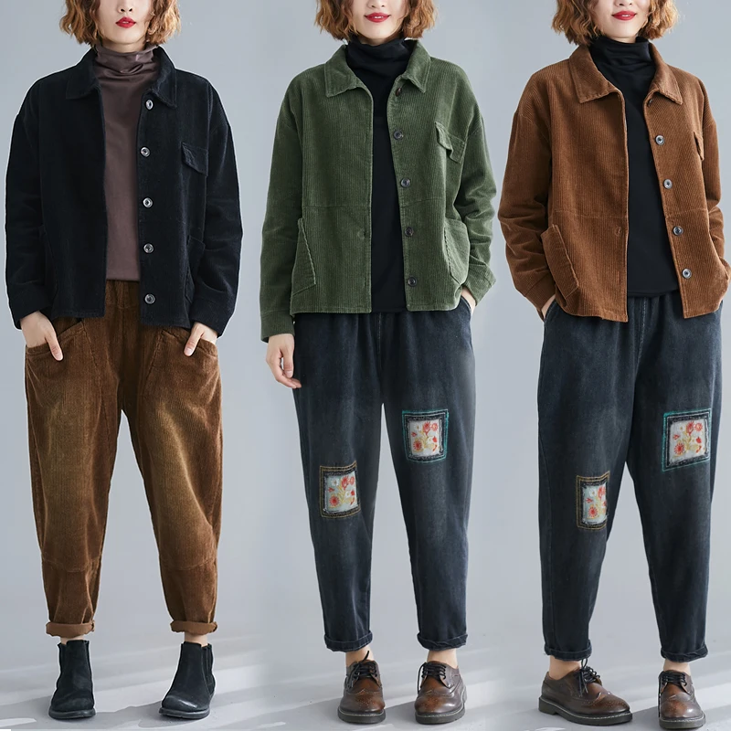 Вельветовая короткая куртка Женская демисезонная винтажная свободная