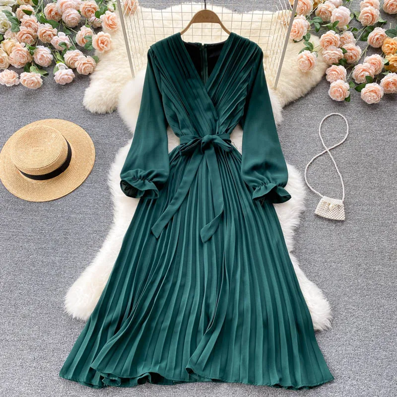 

Женское вечернее платье с драпировкой, фиолетовое/красное/зеленое элегантное Плиссированное вечерние миди с V-образным вырезом, расклешенн...