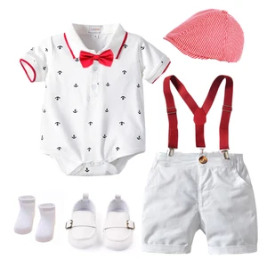 Cotton Boys Summer Newborn Clothes Set Birthday Dress White Infant Outfit Hat + Rompers + Bib Shorts