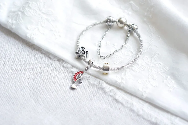 

2020 Hot Sale New 925 Sterling Silver Red Fan Pendant Heart Beads Fit Original Pandora Charms Bracelets Women DIY Jewelry Gift