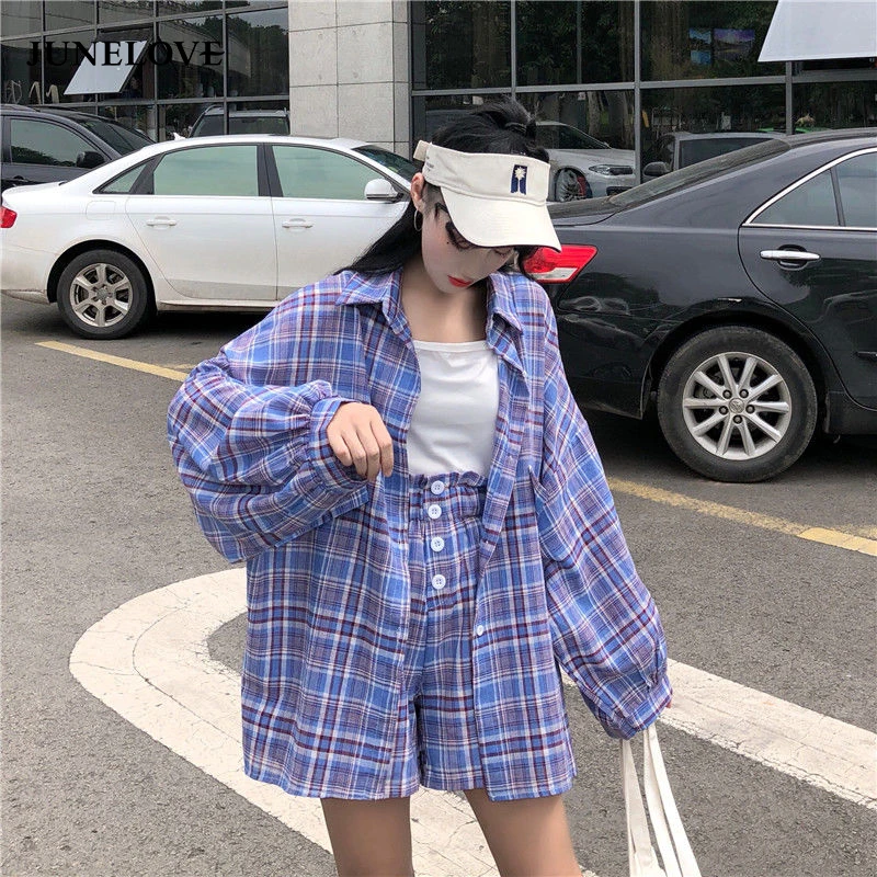 JuneLove женская летняя Клетчатая блузка рубашки наборы винтажные уличные женские