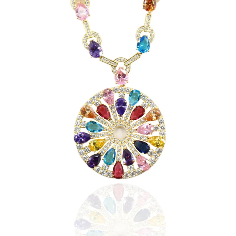 Hot famous brand jewelry big round coin rainbow color stone pendant necklace women fashion cubic zirconia muti party bijou | Украшения и