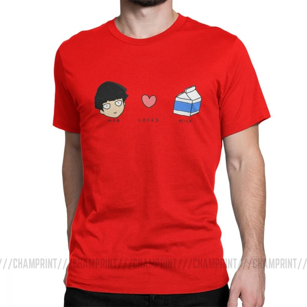 Mob Loves Milk Mob Psycho 100 футболки мужские хлопковые новые футболки с круглым вырезом футболка с коротким рукавом Одежда с принтом - Цвет: Красный