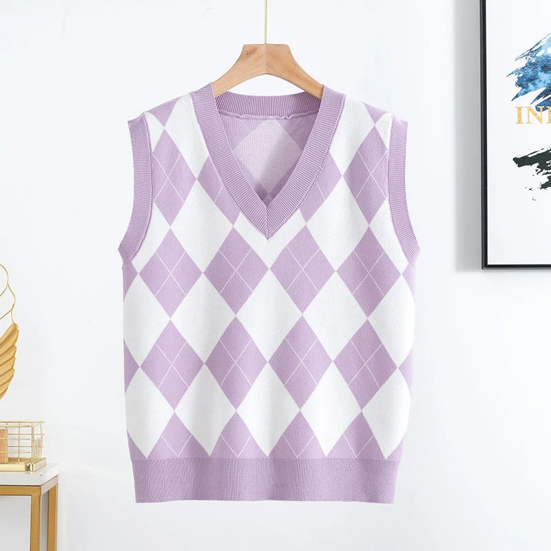 

Sweater Vest Women Argyle Sleeve Knitted Outwear New Autumn Winter Chic Trendy All-match Loose Retro Casual Korean Style Vests