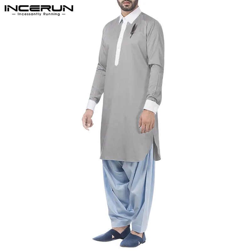 INCERUN Fashion Patchwork Muslim Kaftan Robes Mens Long Sleeve Lapel Jubba Thobe Loose Buttons Cozy Arabic Dubai Clothing S-5XL7