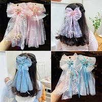cute printed organza hairpin net yarn bowknot ribbon hair clip new long lady wedding girls spring clip hair accessory for women